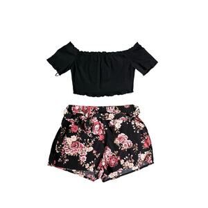 Shein Black & Pink Floral Off The Shoulder Two Piece Set Size Medium